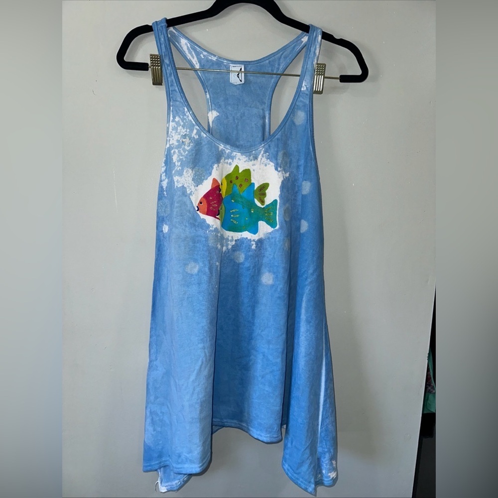Coverup dress  Fish Print Blue tie dye 100% cotton size L made USA